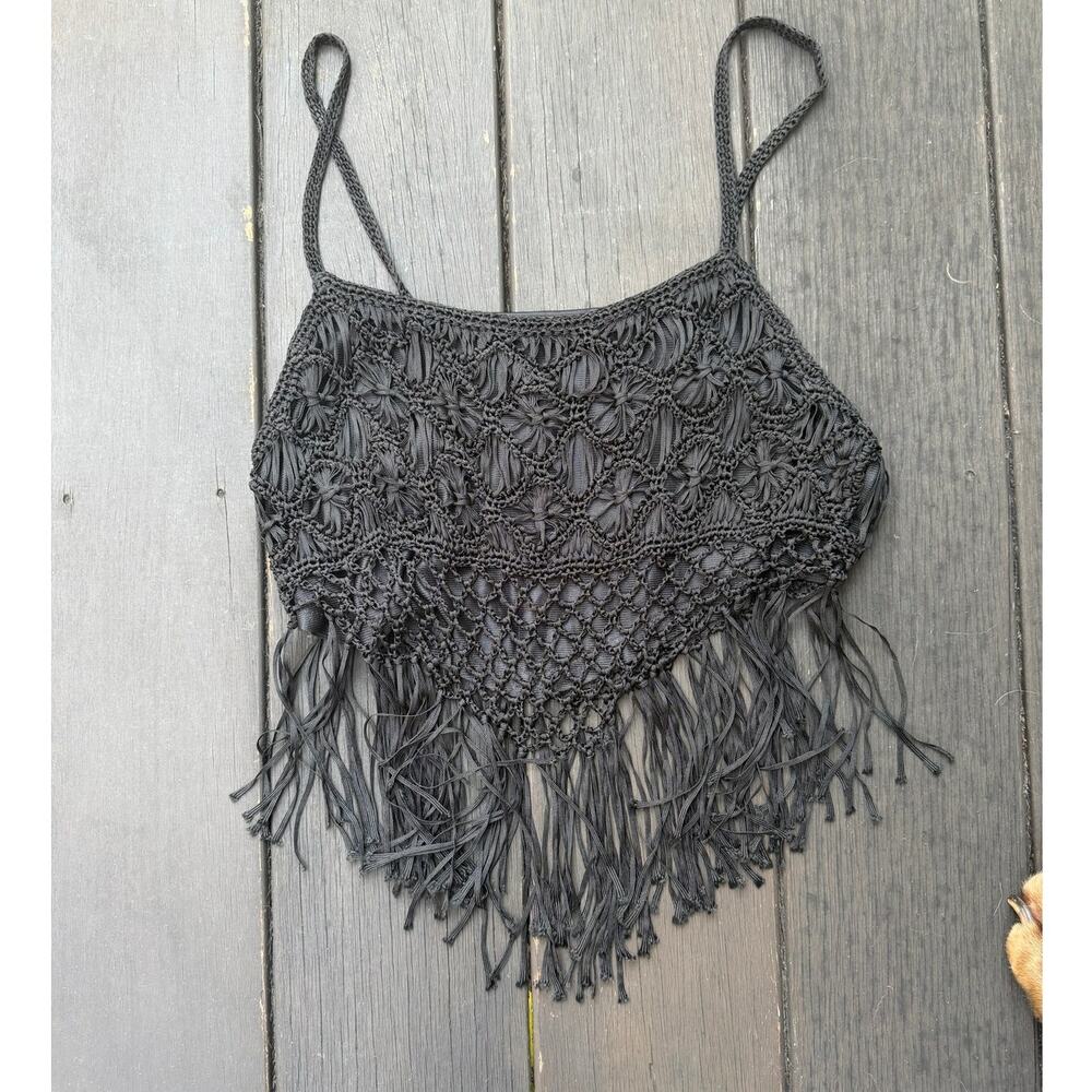 Millau Black Crochet Fringe Tank Top Size Small Boho Festival Cropped Cami